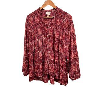 Knox Rose Boho Maroon Paisley Split Neck Long Sleeve Button Up Top Size Small